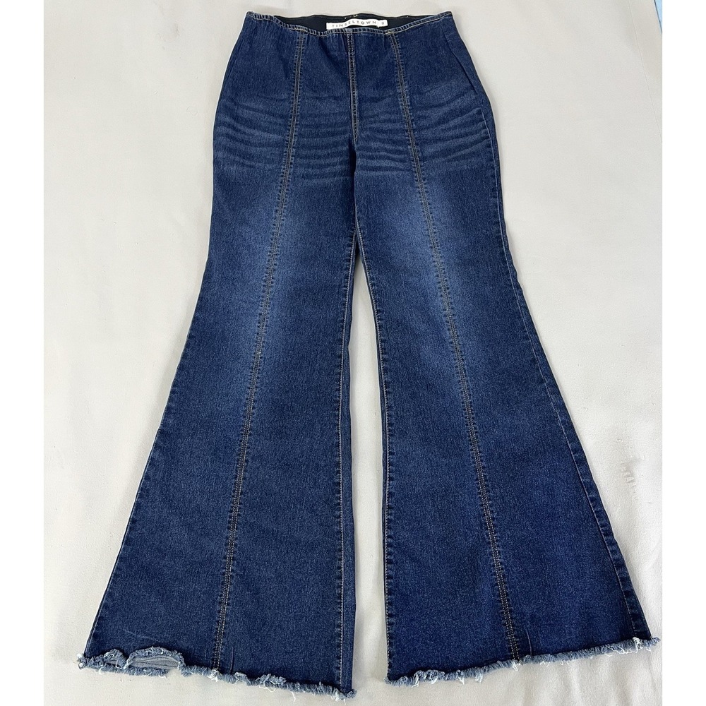 Tinseltown Seamed‎ High Rise Pull On Flare Jeans Juniors' Sz 9 Dark Wash Faded